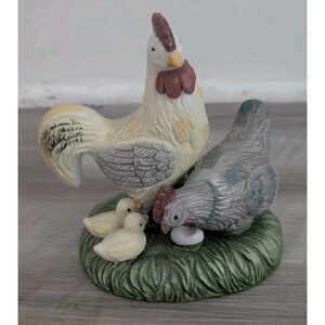 Vintage AMS Chicken Family Figurine Rooster Hen Chicks Ceramic Taiwan Farmhouse